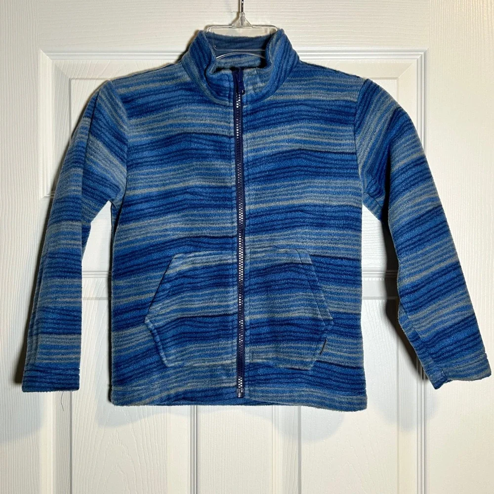Eddie Bauer Kids‎ Fleece Jacket Blue Grey Stripe Zip Up Boys Girls Size XS 5 6